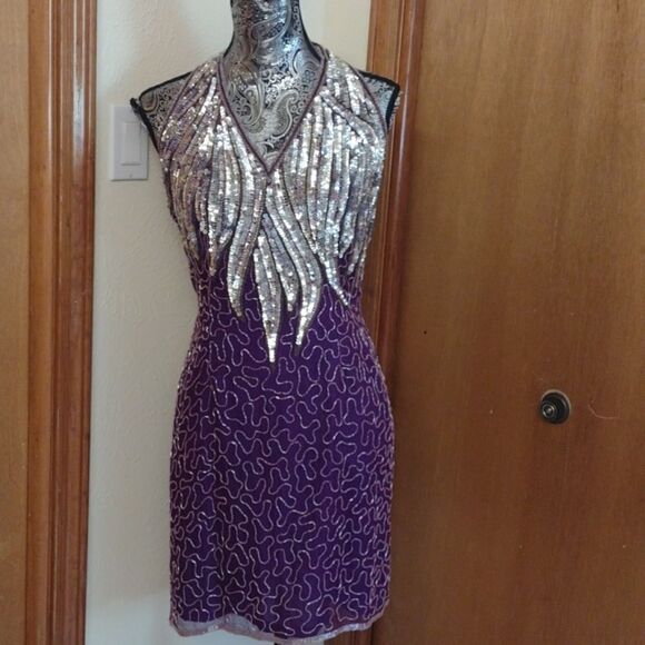 Carina Purple Silk beaded halter minidress halter top sparkle purple silver S - Picture 2 of 15